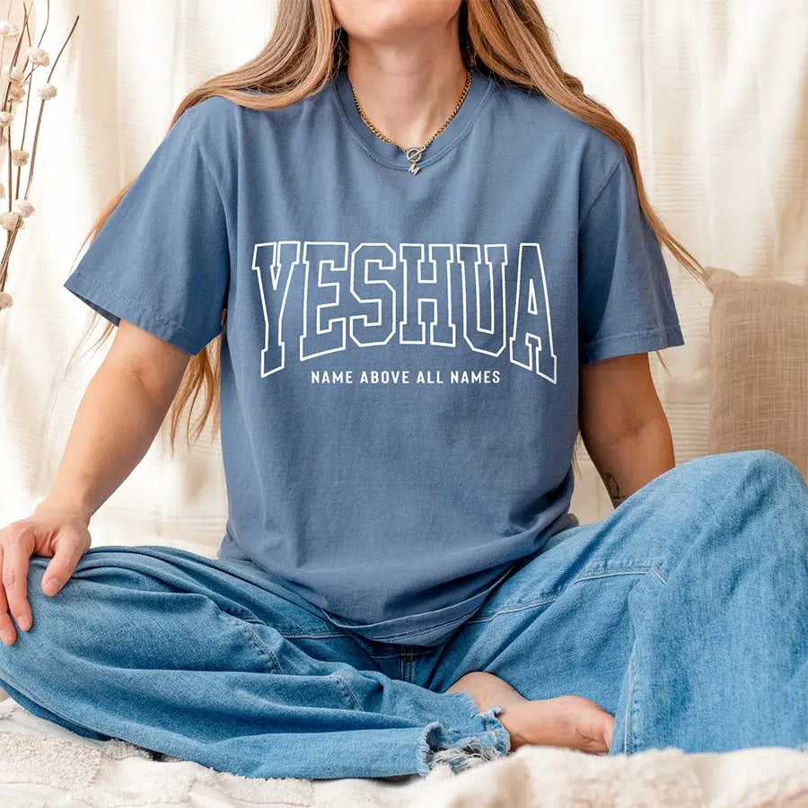 Yeshua Name Above All Names Tee in blue jean color