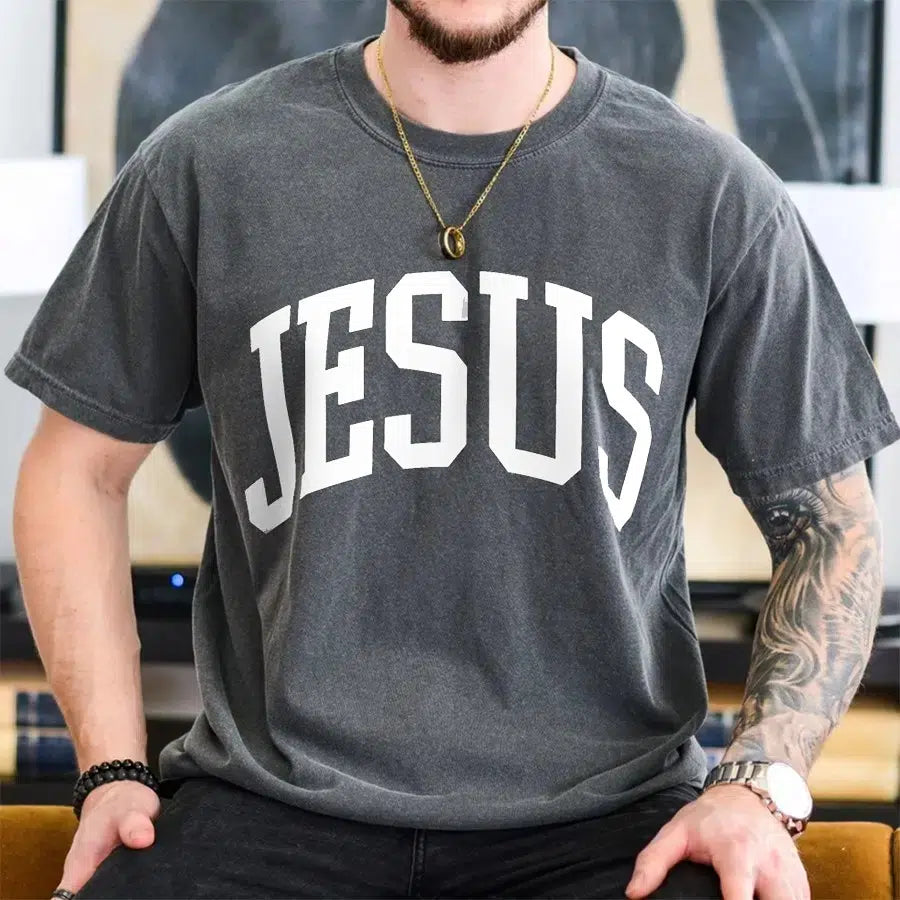 Mens Model Wearing Pepper Jesus Unisex Christian Tee