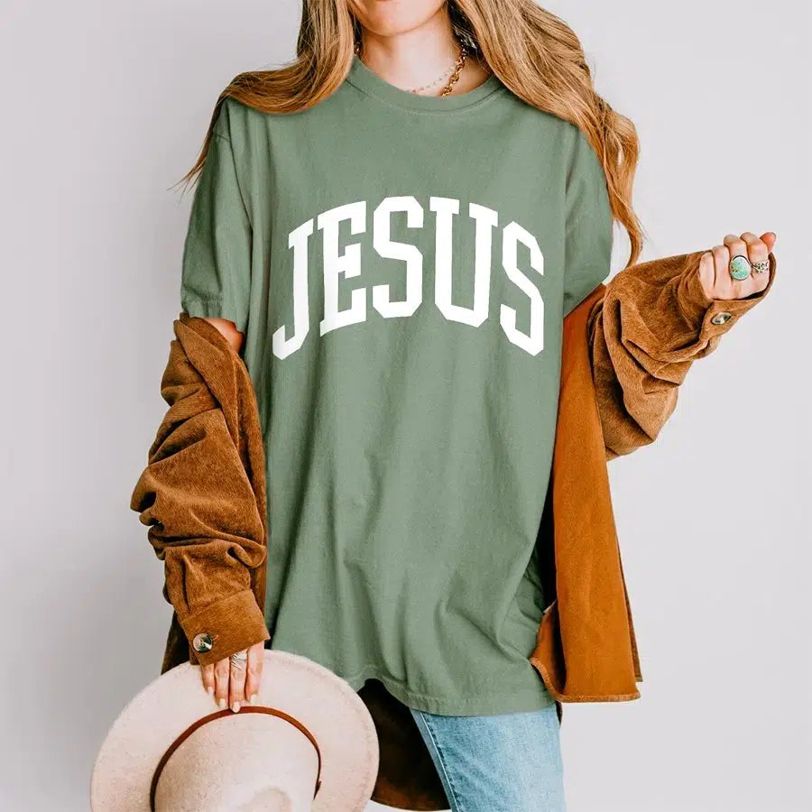 Womens Model Wearing Moss Jesus Unisex Christian Tee