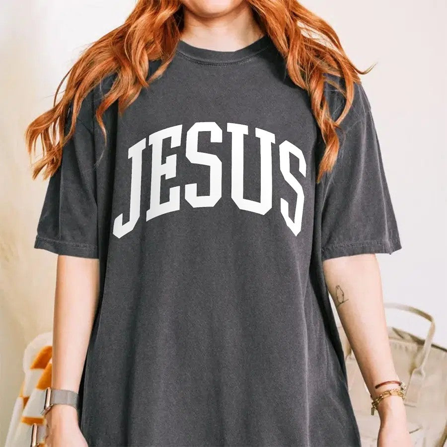 Womens Model Wearing Pepper Jesus Unisex Christian Tee