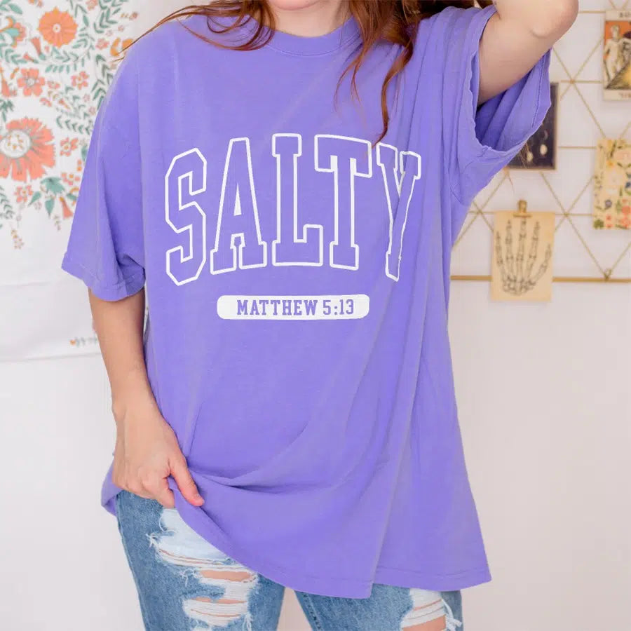 Women's Model Wearing Violet Salty Unisex Tee