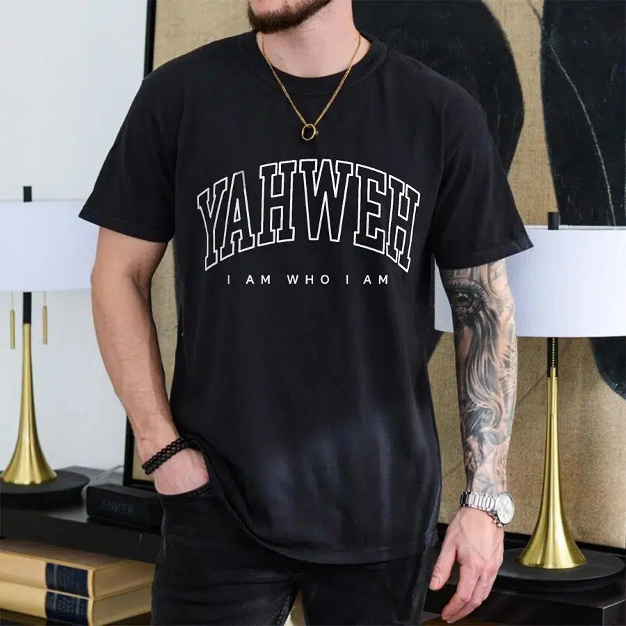 Mens Model Wearing Black Yahweh I Am Who I Am Tee