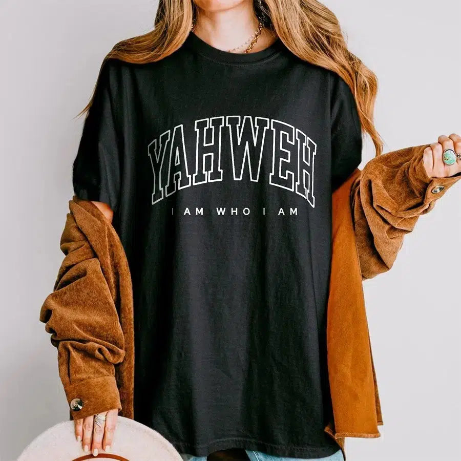 Womens Model Wearing Black Yahweh I Am Who I Am Tee
