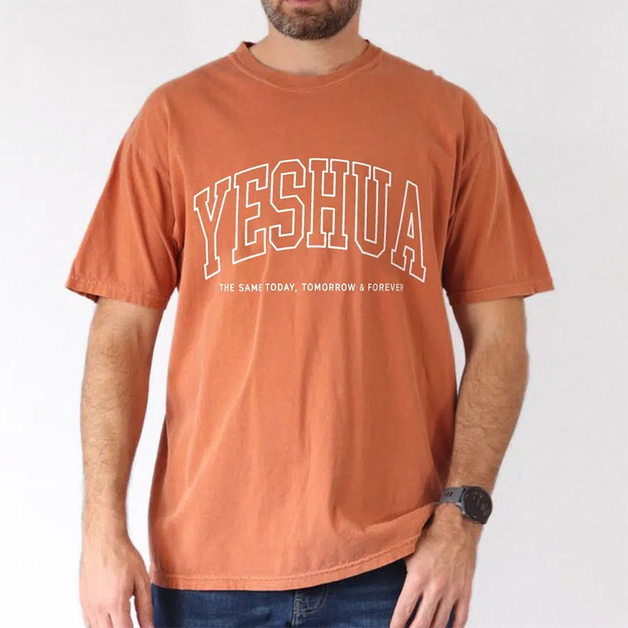 Men's Model Wearing Yam Yeshua The Same Today, Tomorrow & Forever Unisex Tee
