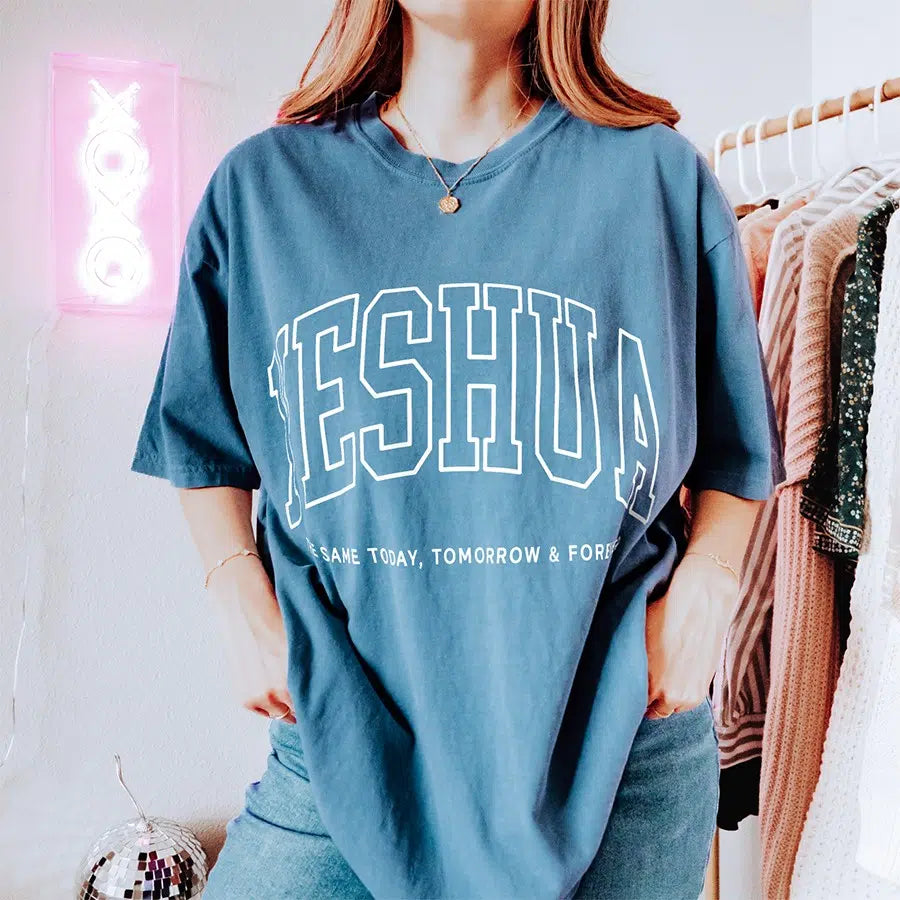 Women's Model Wearing Blue Jean Yeshua The Same Today, Tomorrow & Forever Unisex Tee