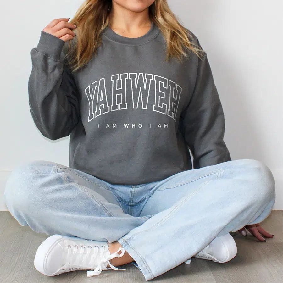 Women's Model Wearing Charcoal Yahweh I Am Who I Am Unisex Sweatshirt