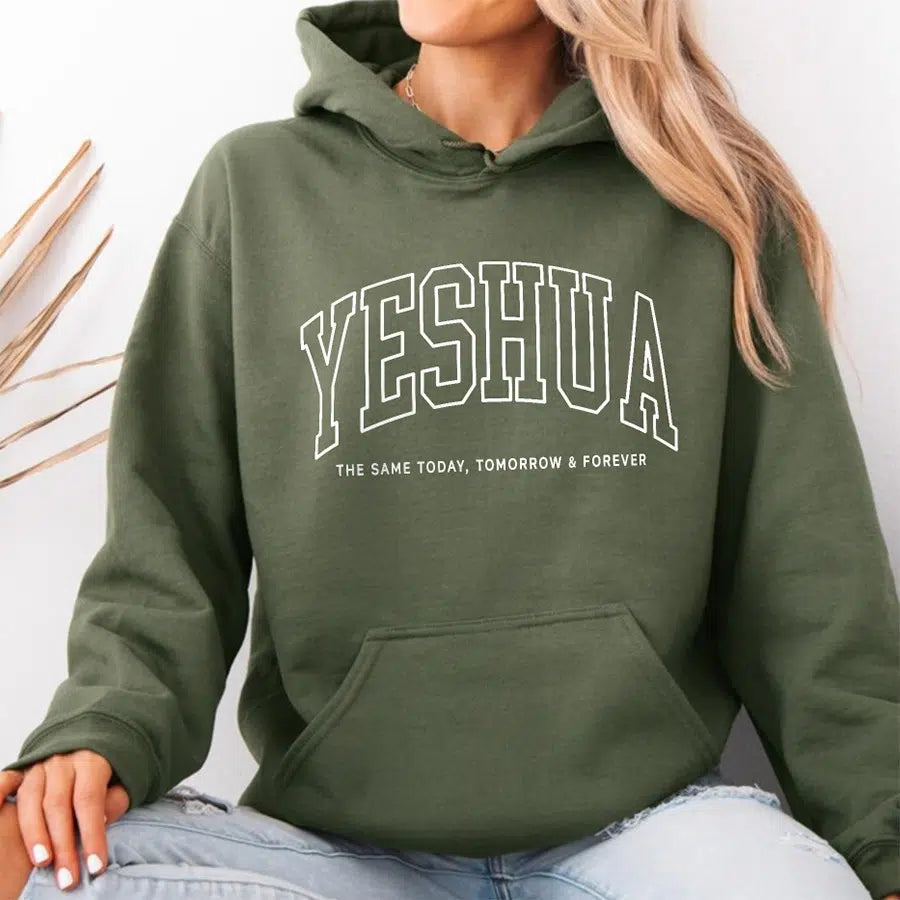 Yeshua The Same Today, Tomorrow & Forever Unisex Hoodie in Military Green color