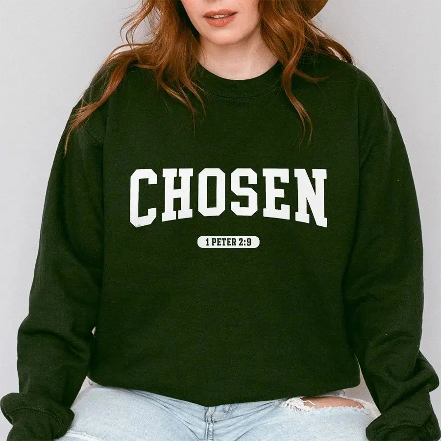 Womens Model Wearing Forest Chosen Sweatshirt