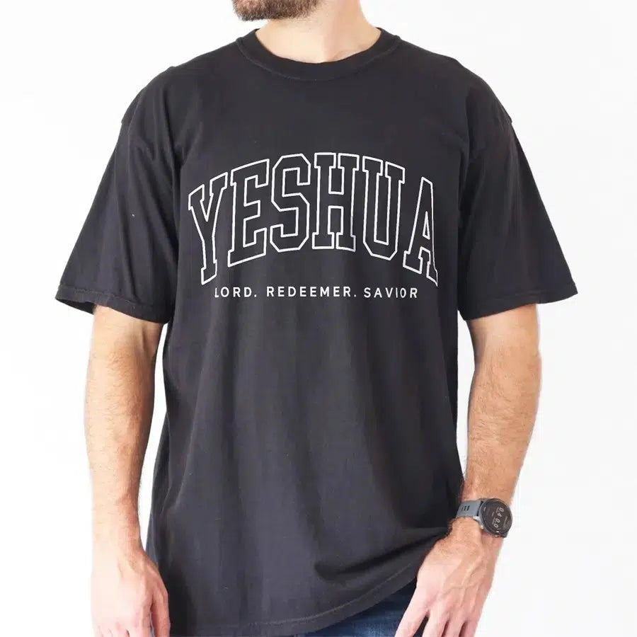 Mens Model Wearing Black Yeshua Lord Redeemer Savior Unisex Christian Tee