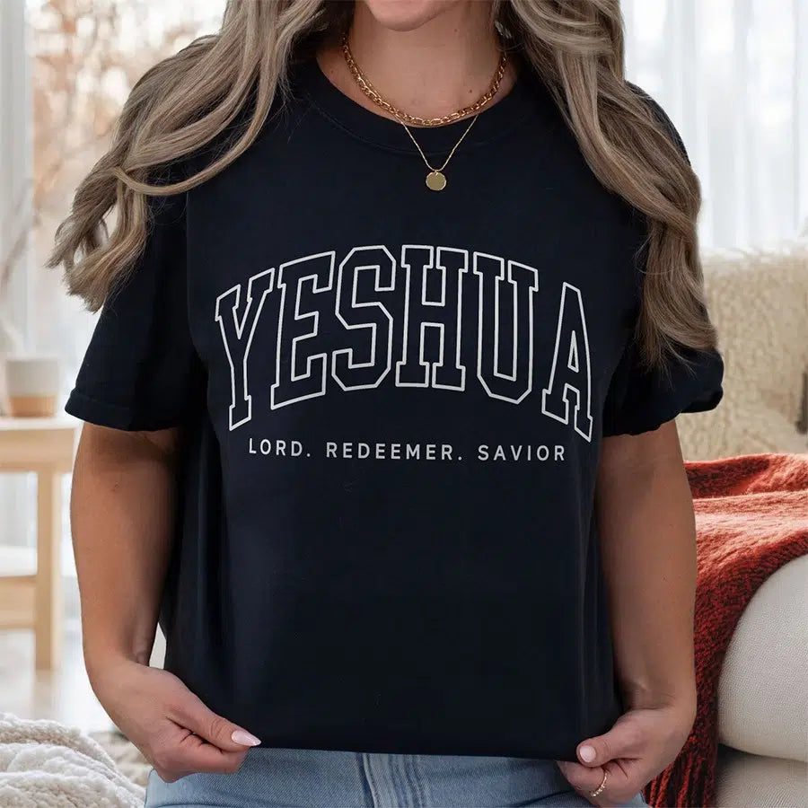 Womens Model Wearing Black Yeshua Lord Redeemer Savior Unisex Christian Tee