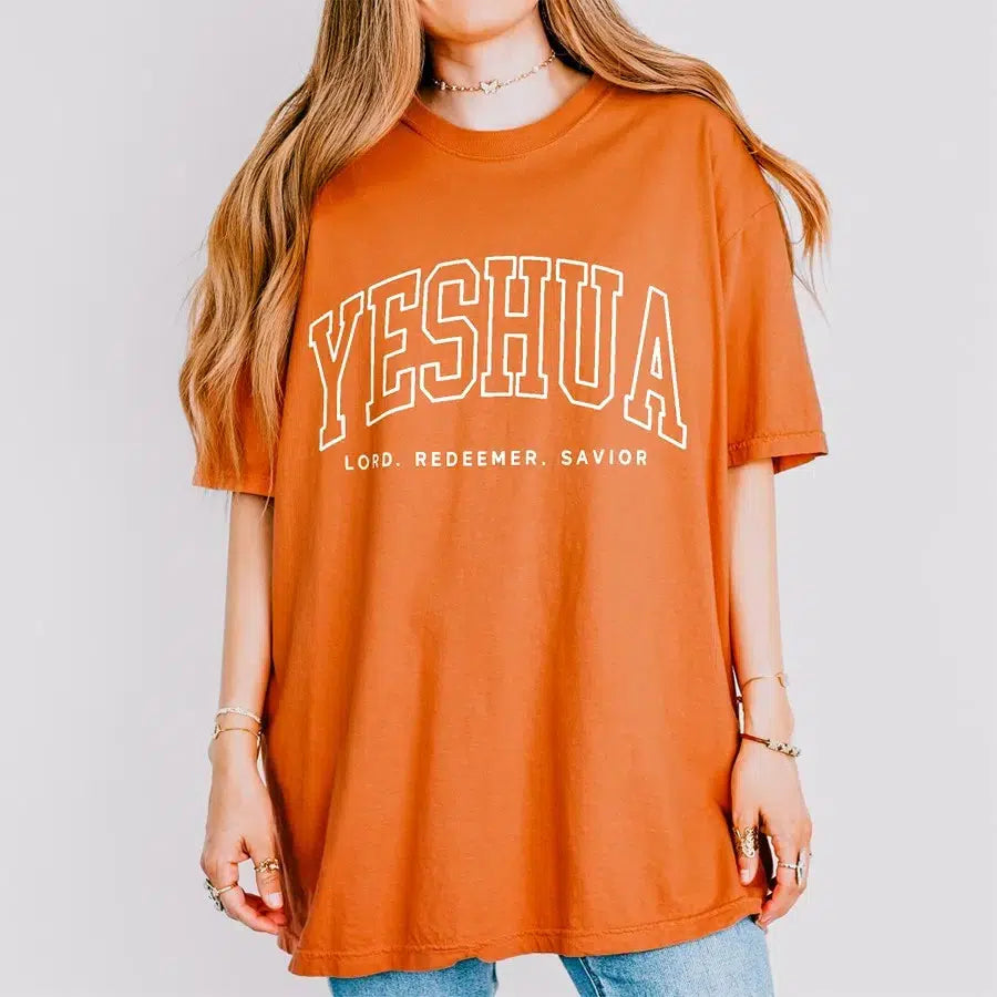 Womens Model Wearing Yam Yeshua Lord Redeemer Savior Unisex Christian Tee