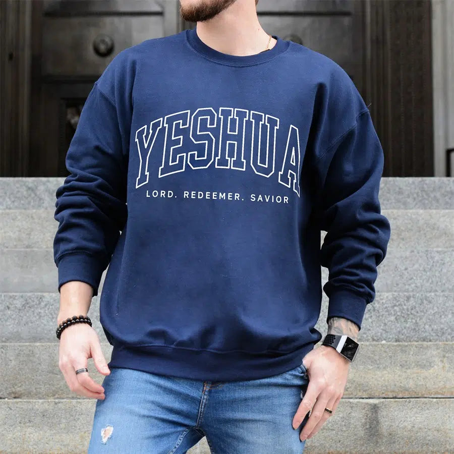 Mens Model Wearing Navy Yeshua Lord Redeemer Savior Unisex Sweatshirt