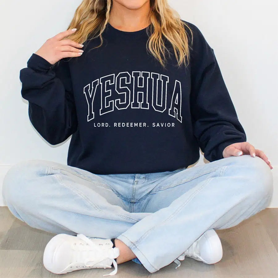 Womens Model Wearing Navy Yeshua Lord Redeemer Savior Unisex Sweatshirt