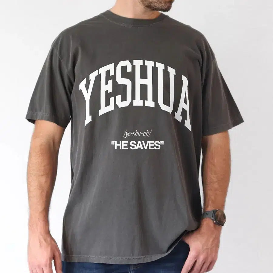 Mens Model Wearing Pepper Yeshua He Saves Tee