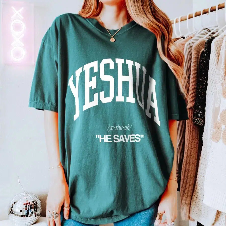 Womens Model Wearing Blue Spruce Yeshua He Saves Tee