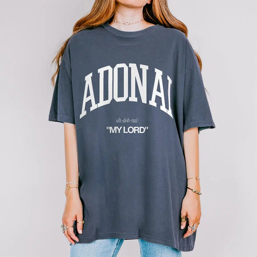 Women's Model Wearing Denim Adonai My Lord Unisex Tee