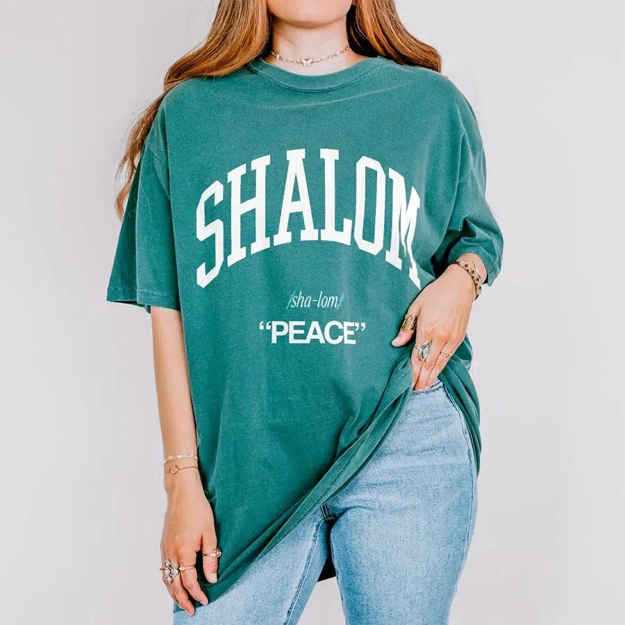 Womens Model Wearing Blue Spruce Shalom Unisex Christian Tee
