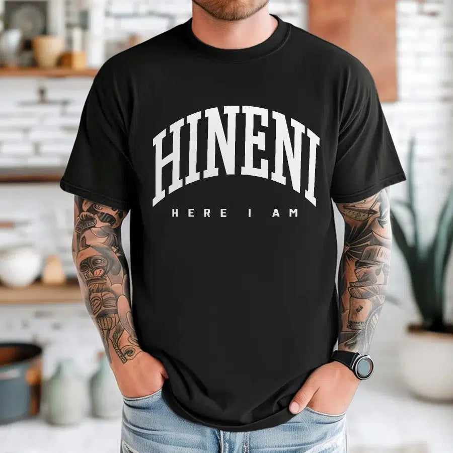 Mens Model Wearing Black Hineni Here I Am Unisex Christian Tee
