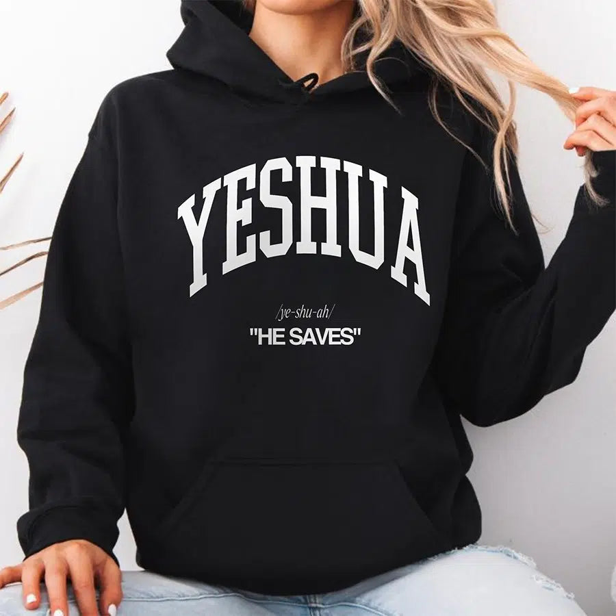 Womens Model Wearing Black Yeshua He Saves Hoodie