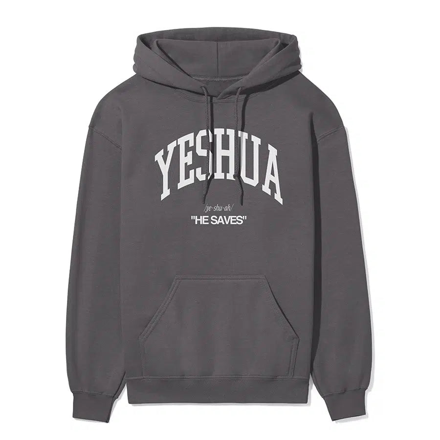 Yeshua He Saves Unisex Hoodie in charcoal color