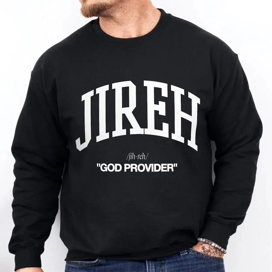 Mens Model Wearing Black Jireh God Provider Sweatshirt