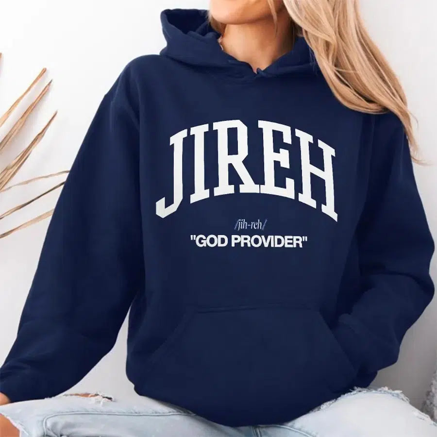 Womens Model Wearing Navy Jireh God Provider Hoodie
