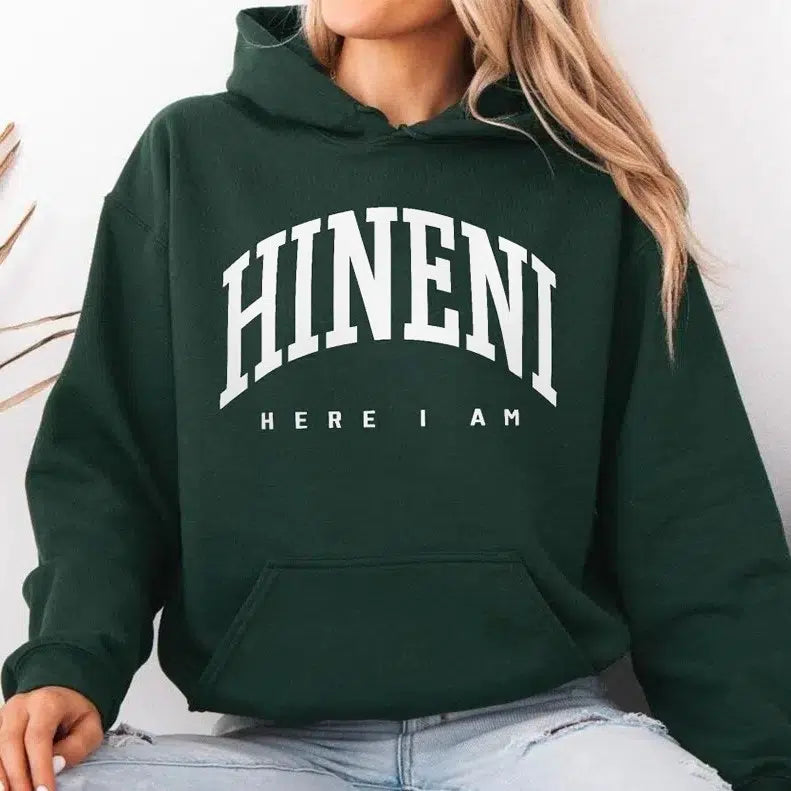 Womens Model Wearing Forest Hineni Here I Am Hoodie