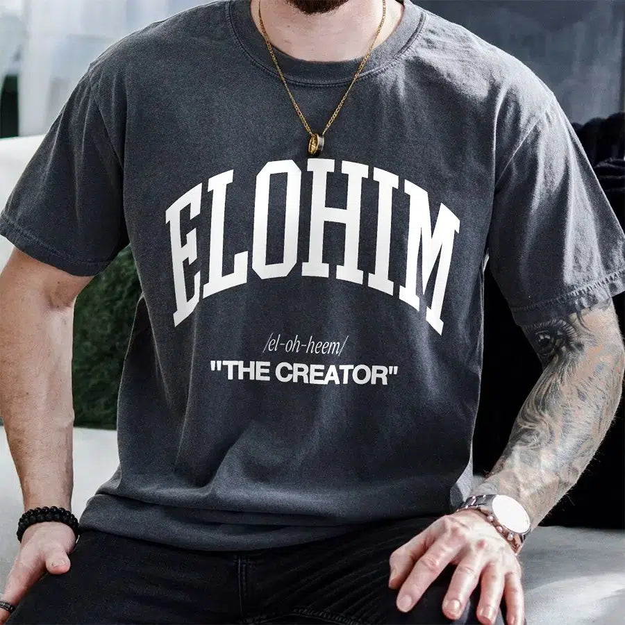 Mens Model Wearing Pepper Elohim The Creator Unisex Christian Tee