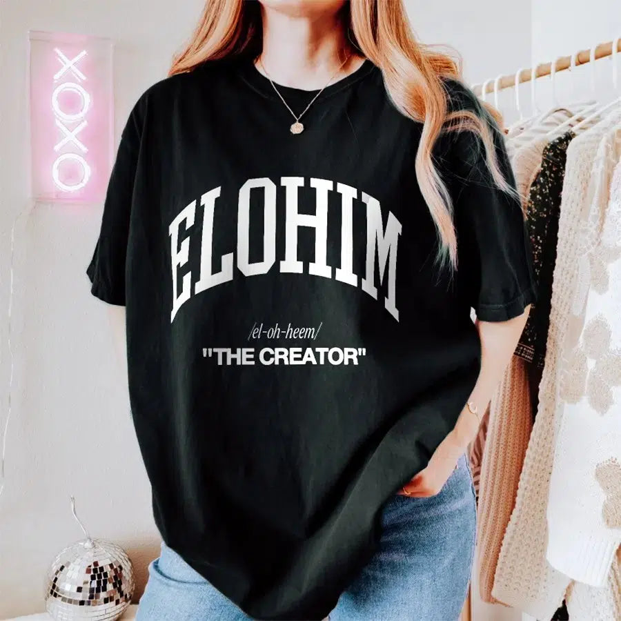 Womens Model Wearing Black Elohim The Creator Unisex Christian Tee