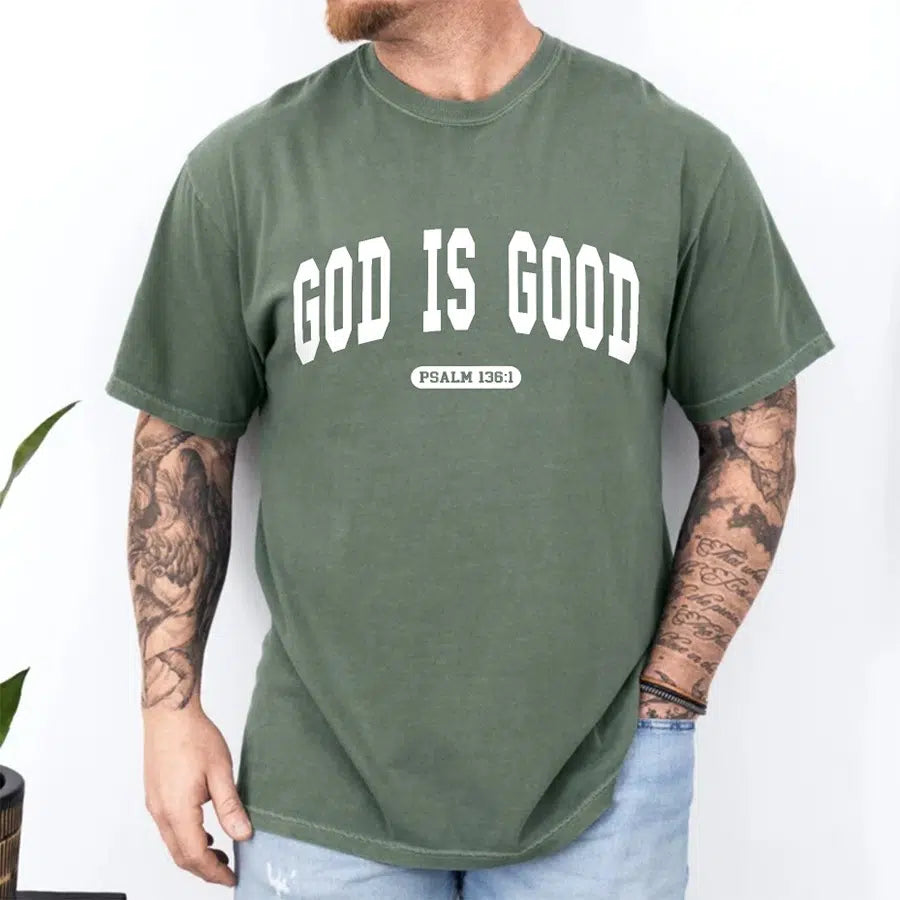 Men's Model Wearing Moss God is Good Unisex Tee