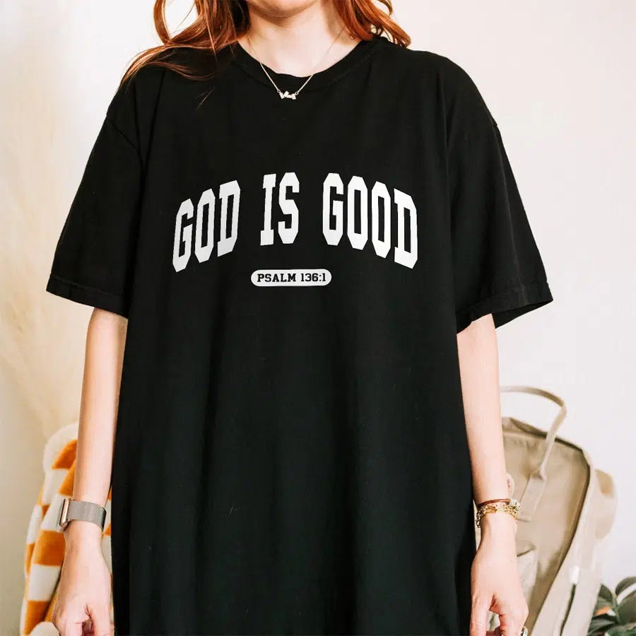 Womens Model Wearing Black God is Good Unisex Christian Tee