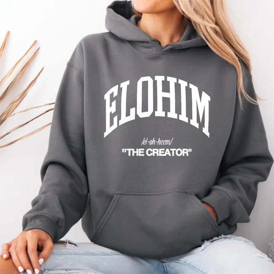 Womens Model Wearing Charcoal Elohim The Creator Hoodie