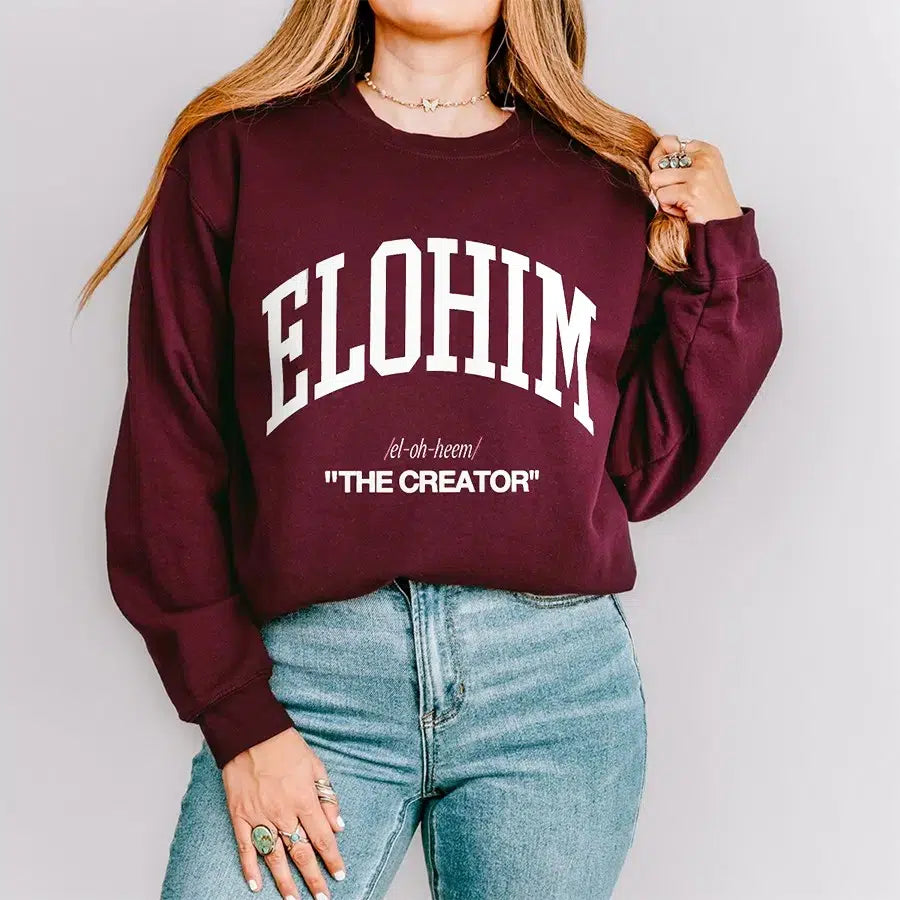 Womens Model Wearing Maroon Elohim The Creator Sweatshirt