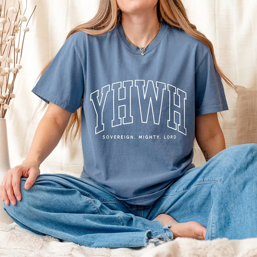 YHWH Sovereign Mighty Lord Unisex Tee in blue jean color