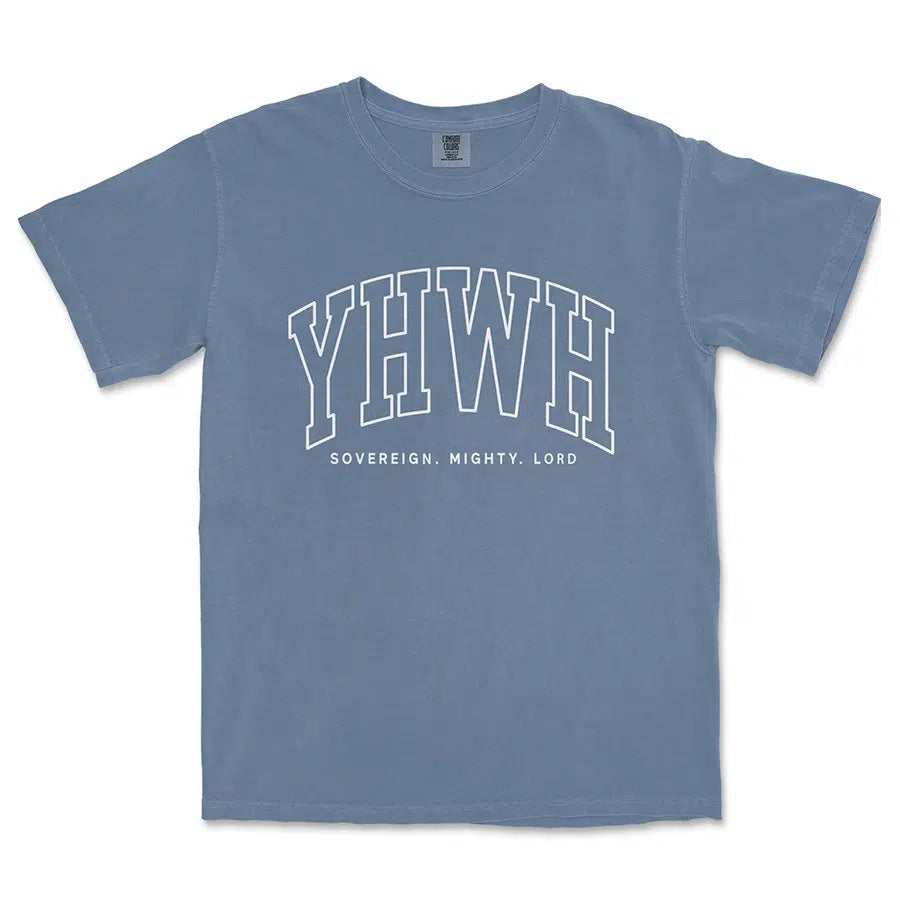 YHWH Sovereign Mighty Lord Unisex Tee in blue jean color