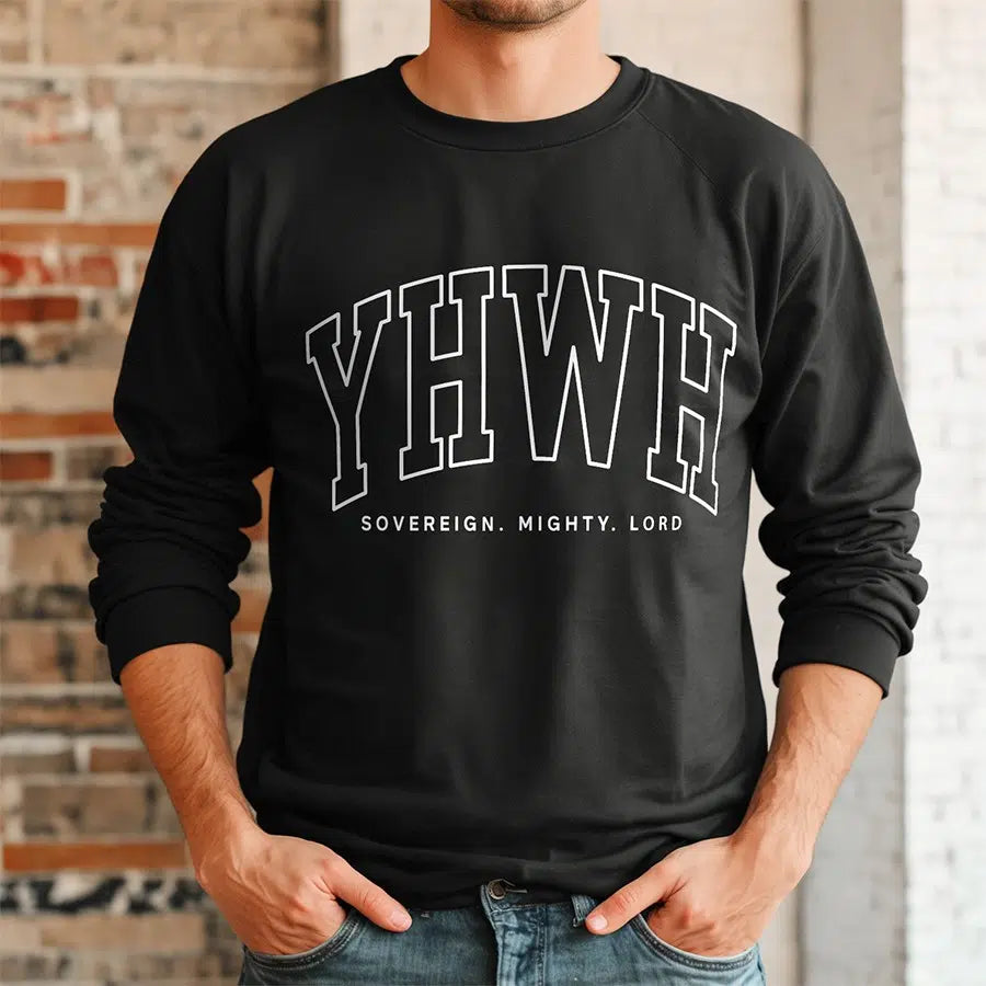 Mens Model Wearing Black YHWH Sovereign Mighty Lord Unisex Sweatshirt