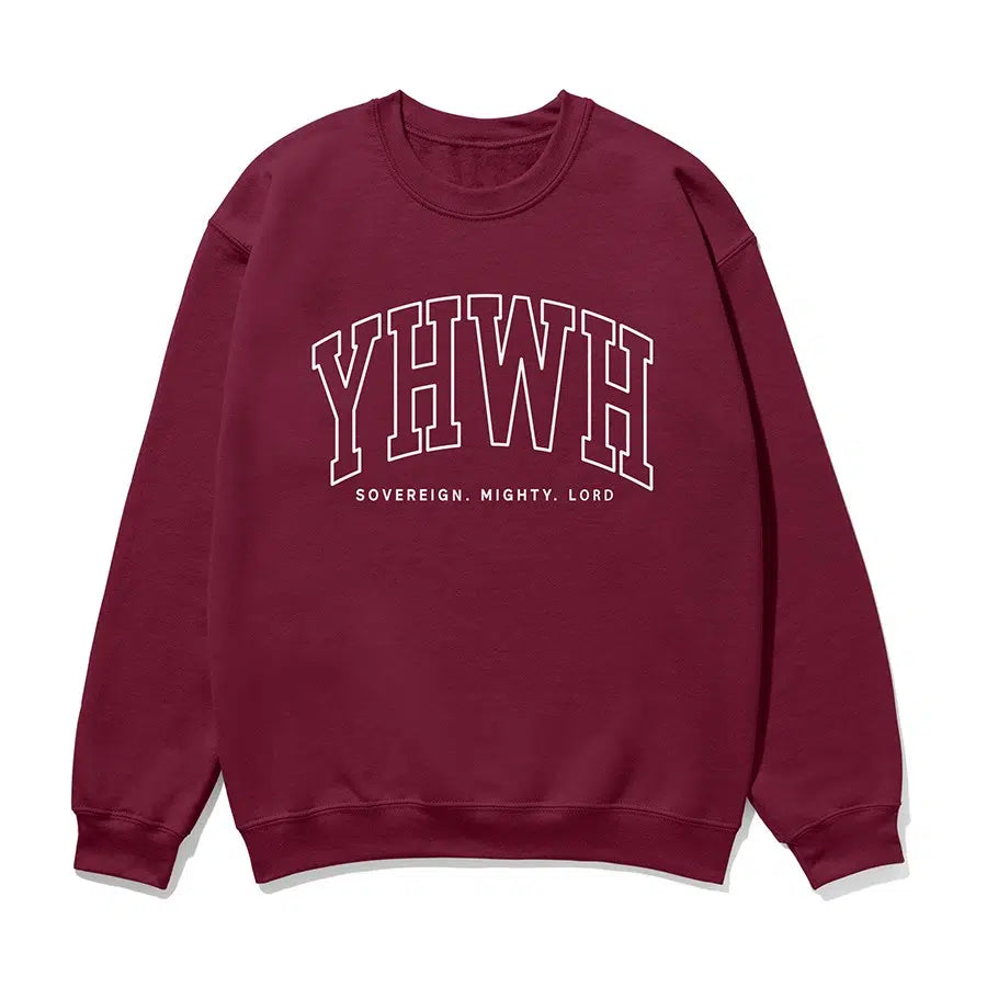 YHWH Sovereign Mighty Lord Unisex Sweatshirt in maroon color