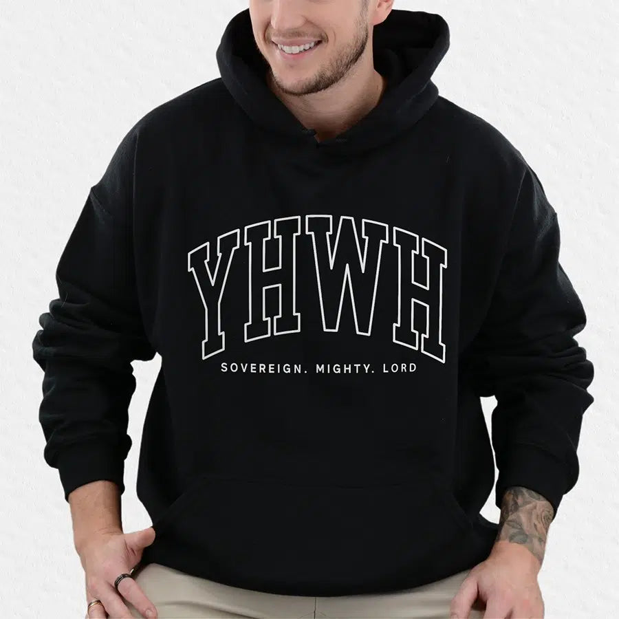 Mens Model Wearing Black YHWH Sovereign Mighty Lord Unisex Hoodie