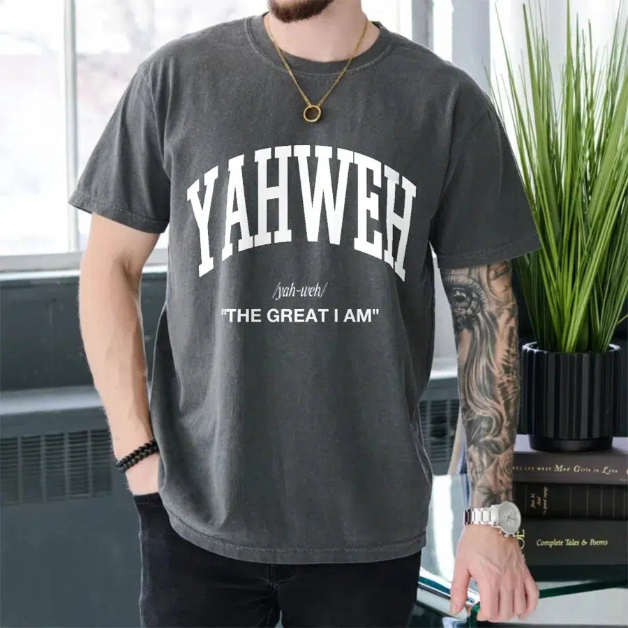 Mens Model Wearing Pepper Yahweh The Great I Am Unisex Christian Tee
