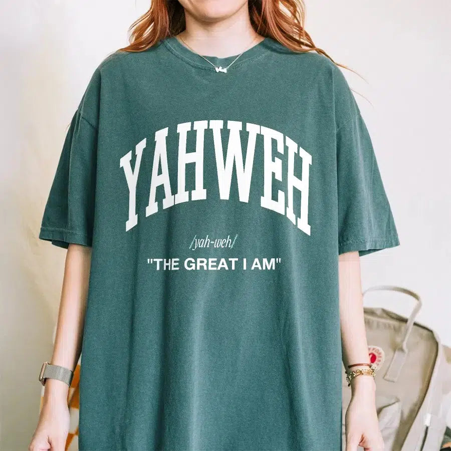 Womens Model Wearing Blue Spruce Yahweh The Great I Am Unisex Christian Tee