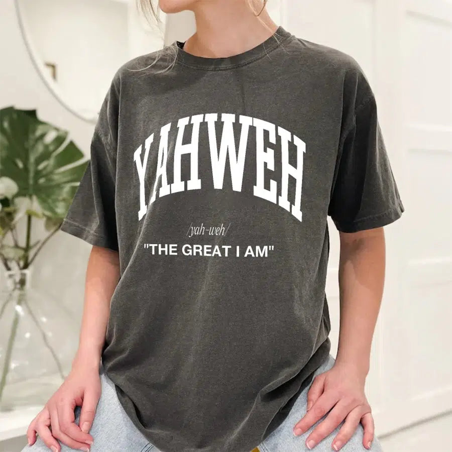 Women's Model Wearing Pepper Yahweh The Great I Am Unisex Tee