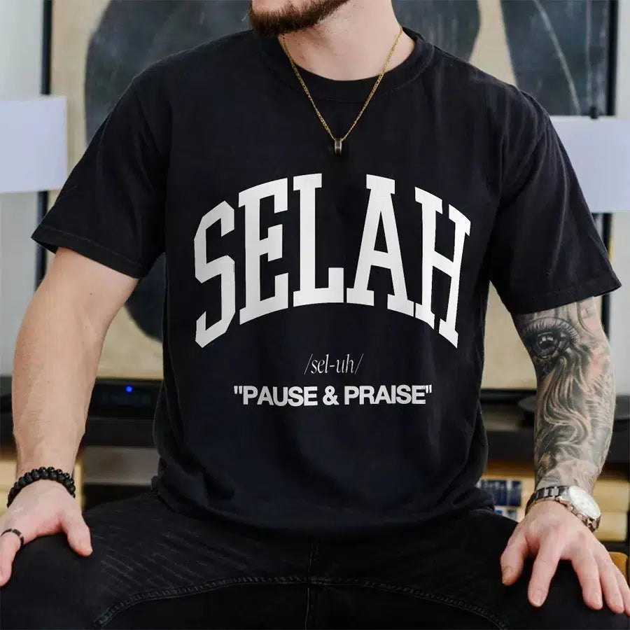 Mens Model Wearing Black Selah Unisex Christian Tee