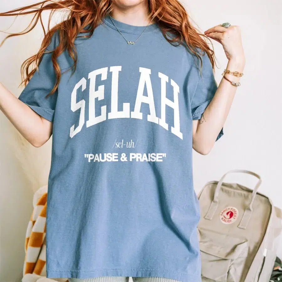 Womens Model Wearing Blue Jean Selah Unisex Christian Tee