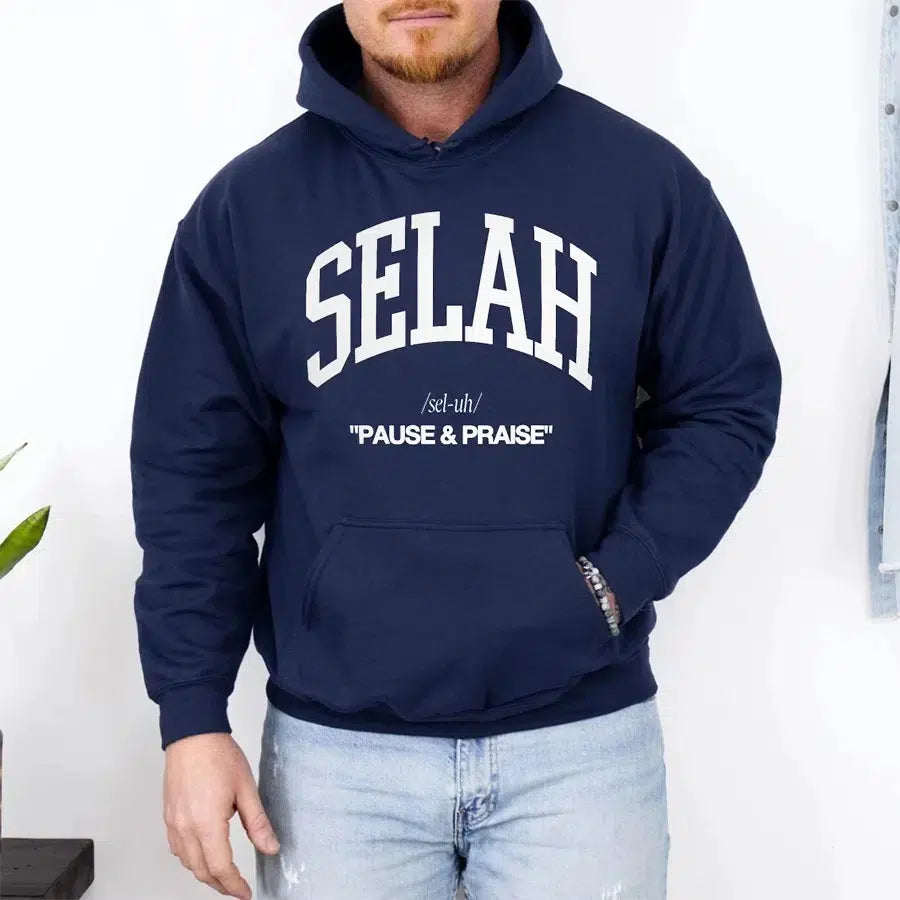 Mens Model Wearing Navy Selah Unsex Christian Hoodie