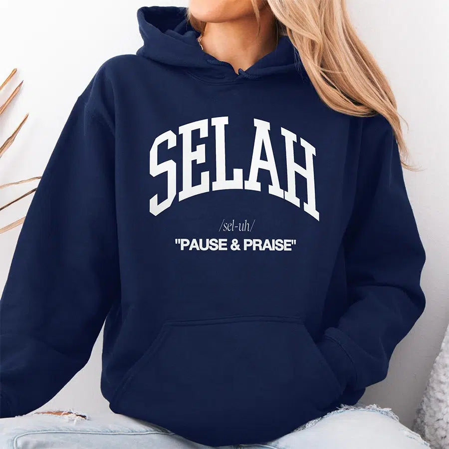 Womens Model Wearing Navy Selah Unsex Christian Hoodie