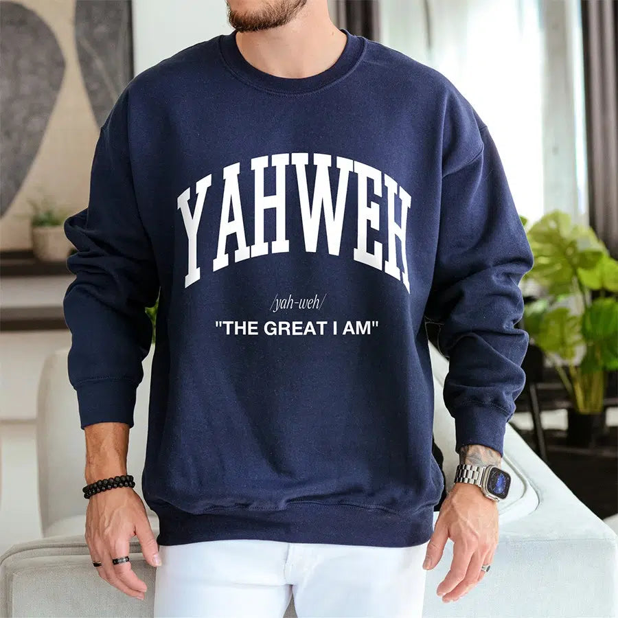 Mens Model Wearing Navy Yahweh The Great I Am Sweatshirt