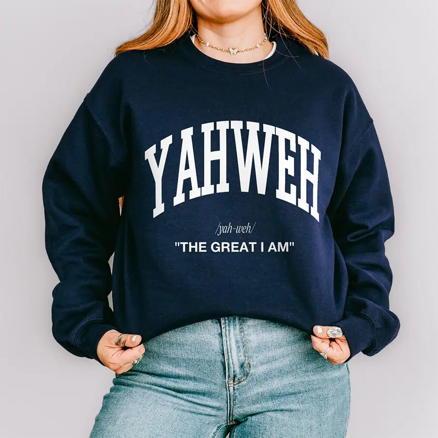 Womens Model Wearing Navy Yahweh The Great I Am Sweatshirt
