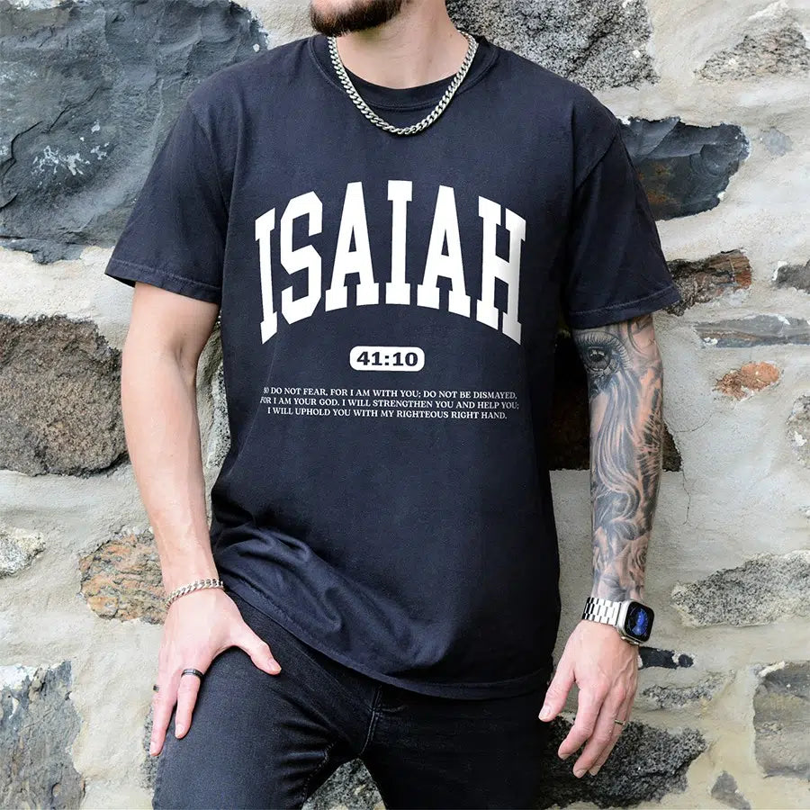 Mens Model Wearing Black ISAIAH 41 10 Do Not Fear Tee