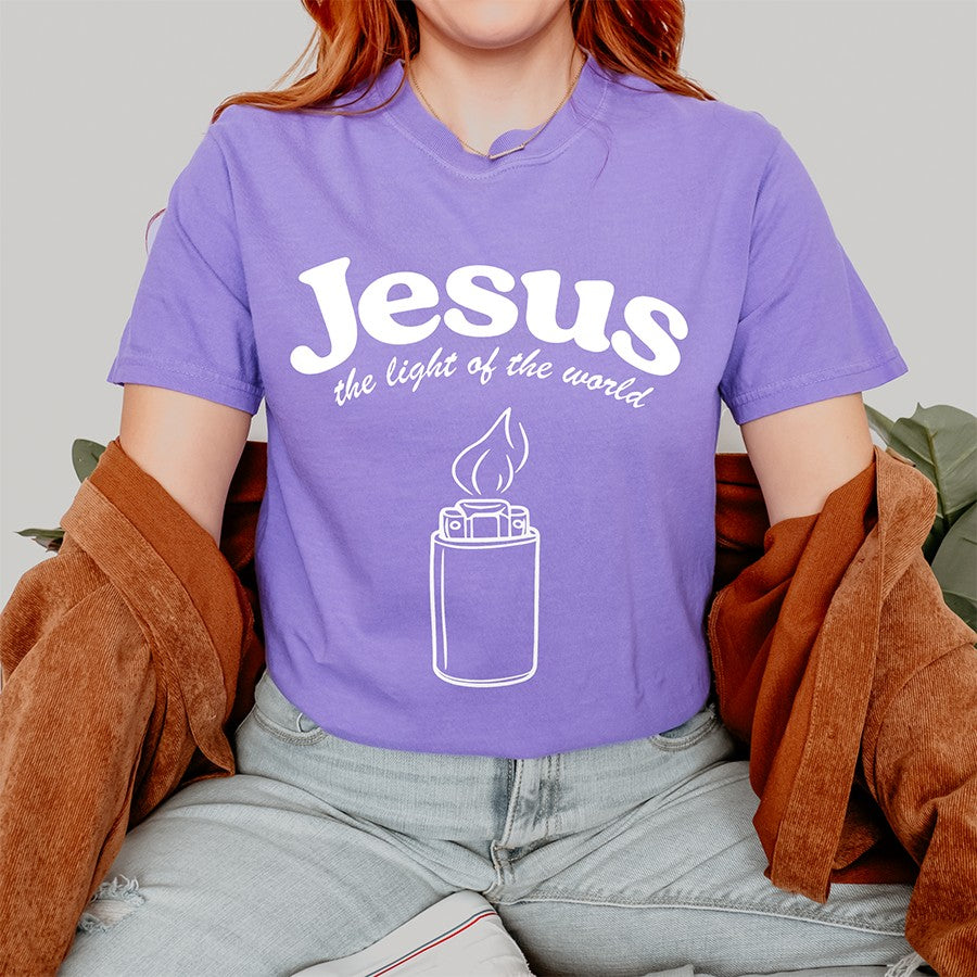 Womens Model Wearing Violet Jesus The Light Of The World Unisex Tee