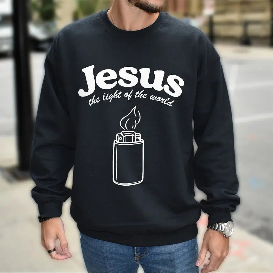 Mens Model Wearing Black Jesus The Light Of The World Sweatshirt